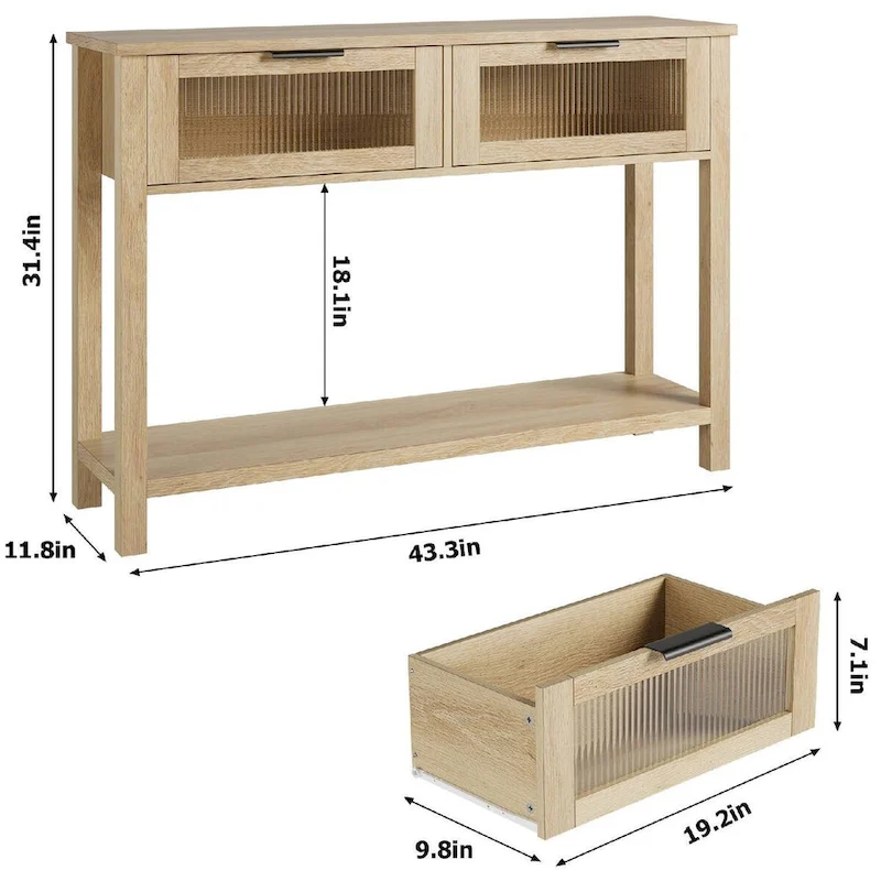 Wood Entryway Table, Console Table with 2 Glass Drawers