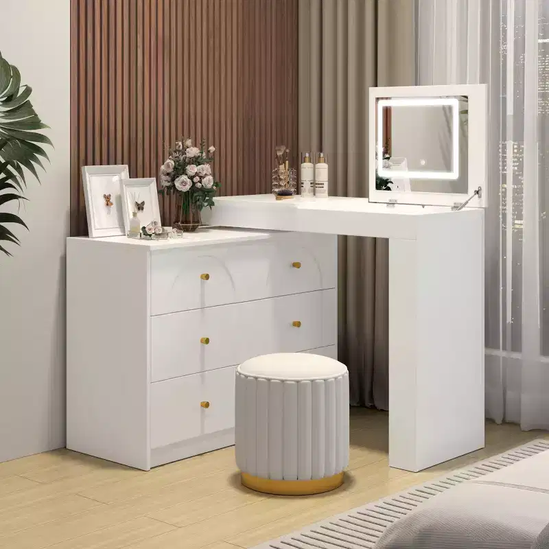 JVNOXK Vanity Desk with LED Mirror and Lights, Flip-Top Makeup Vanity Table with 7 Drawers, 9 Compartments, 3 Shelves, 3 Color Modes Adjustable, White