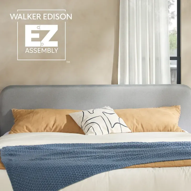 Walker Edison Solid Wood King Bed with Curved Upholstered Headboard