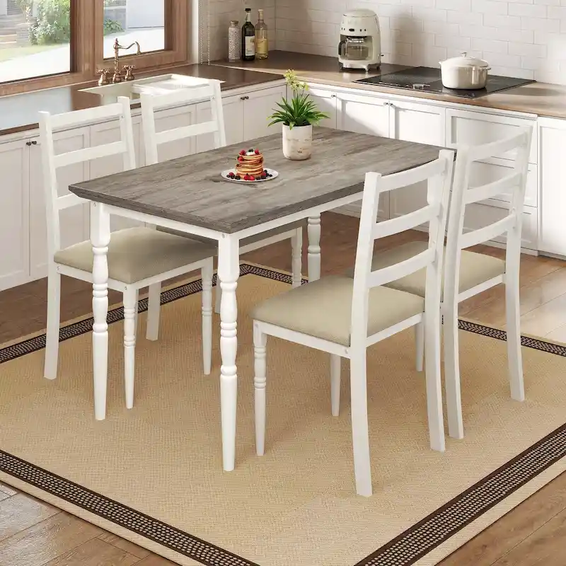 Moasis Farmhouse Dining Table Set with 4 Chairs Rectangular Dining Set Roman Column Style Kitchen