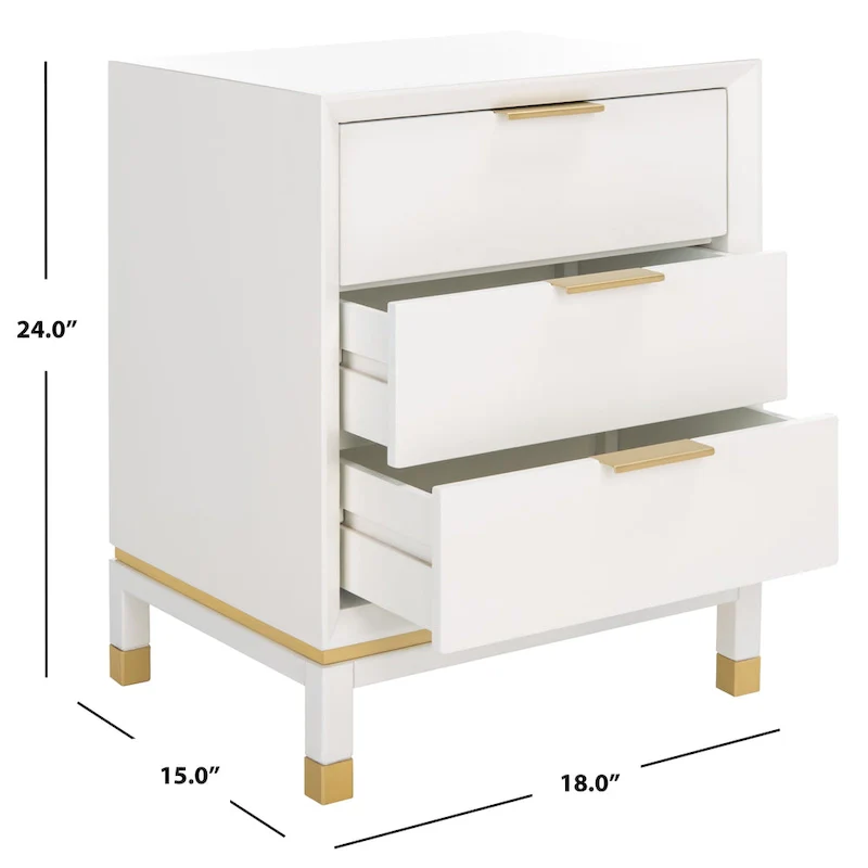 3-Drawer Nightstand Accent Table, White Wood Frame with Gold-Capped Legs