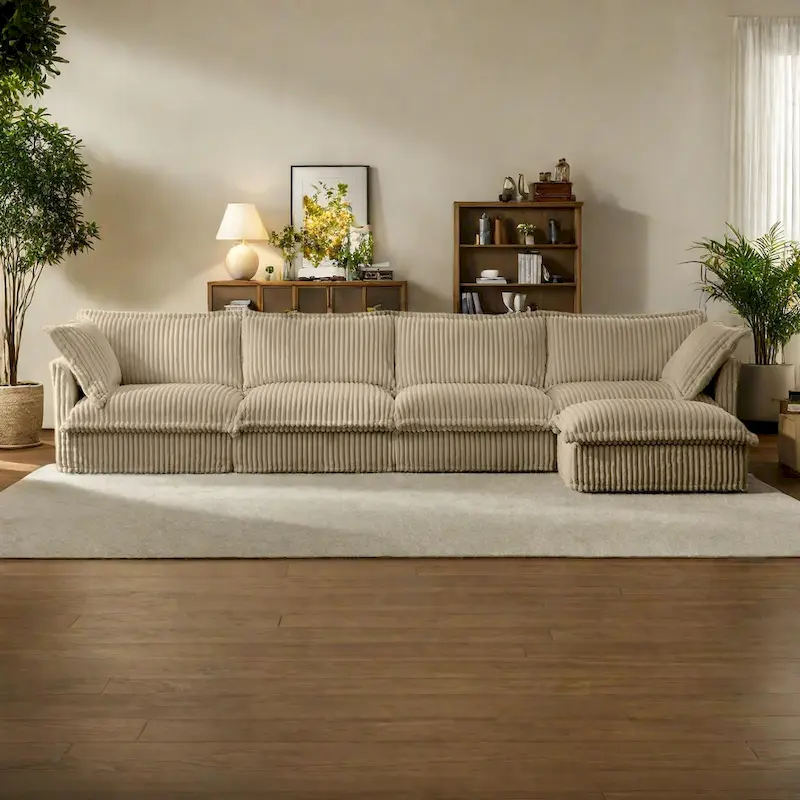 Corduroy Slipcovered L-Shaped Sectional Sofa with Deep Seats, 4-Seater Couch with Supple Armrests and 2 Big Pillows