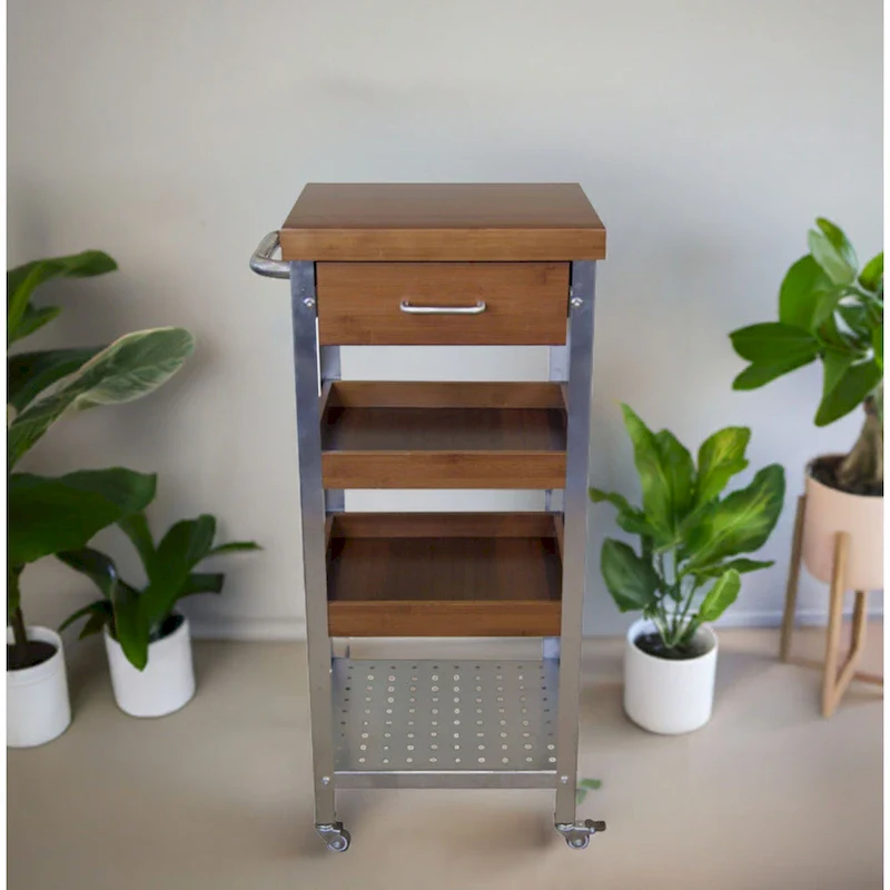 Solid Bamboo & Stainless Steel Kitchen Cart Tower with Drawer