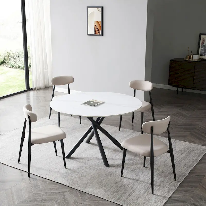 Modern Glam Marble Round Dining Table with Metal Cross Legs