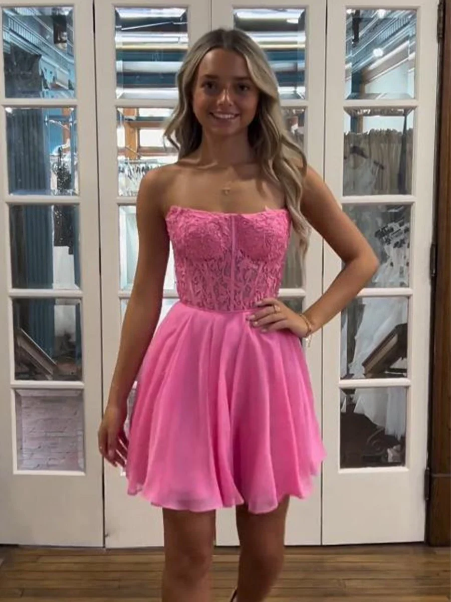 Fuchsia - Strapless Chiffon A Line Short Homecoming Dresses With Appliques