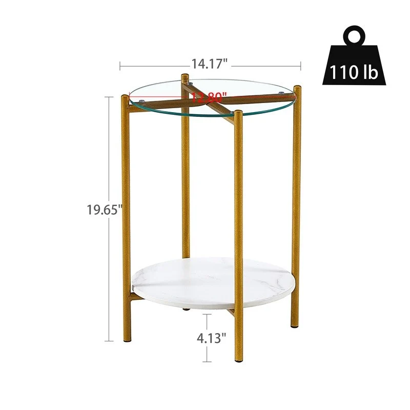2 Tier Round Side Table with Tempered Glass Modern End Tables