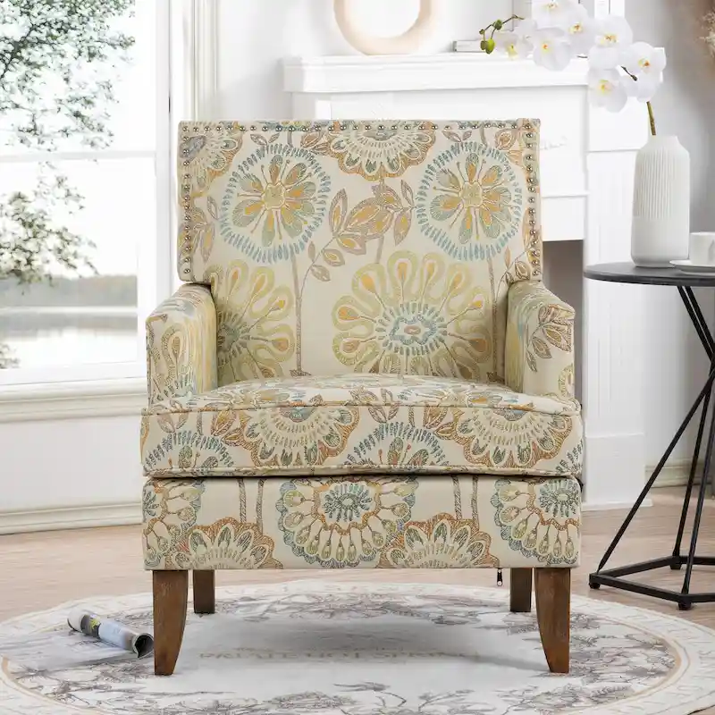 Beige/Grey Fabric Accent Chair with Birch Legs, Single Seat