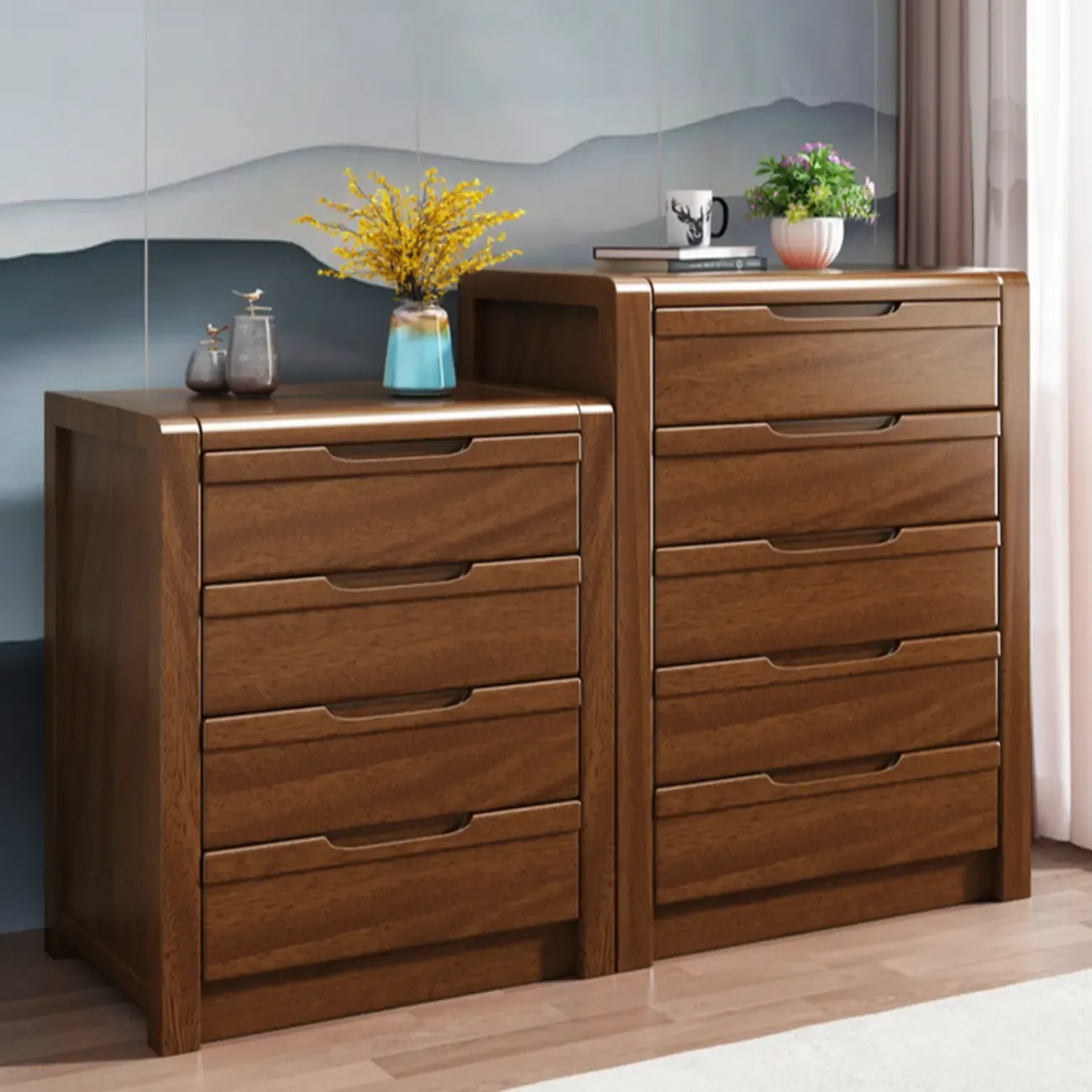 Freestanding Mid-Century Brown Solid Wood Cabinet with Drawers