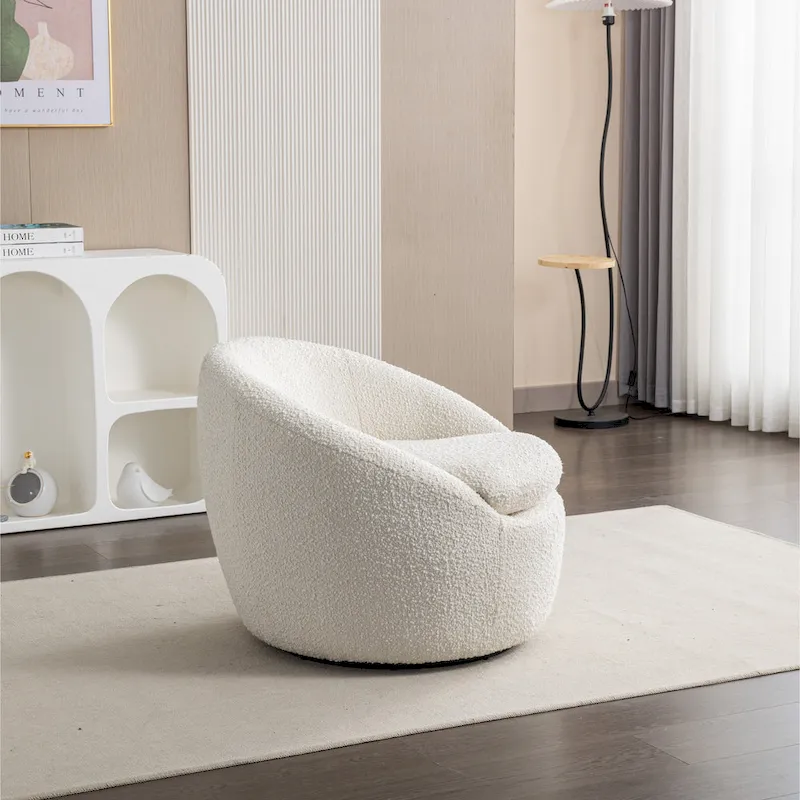 Round Barrel Accent Chair with 360° Swivel Base – Boucle Fabric