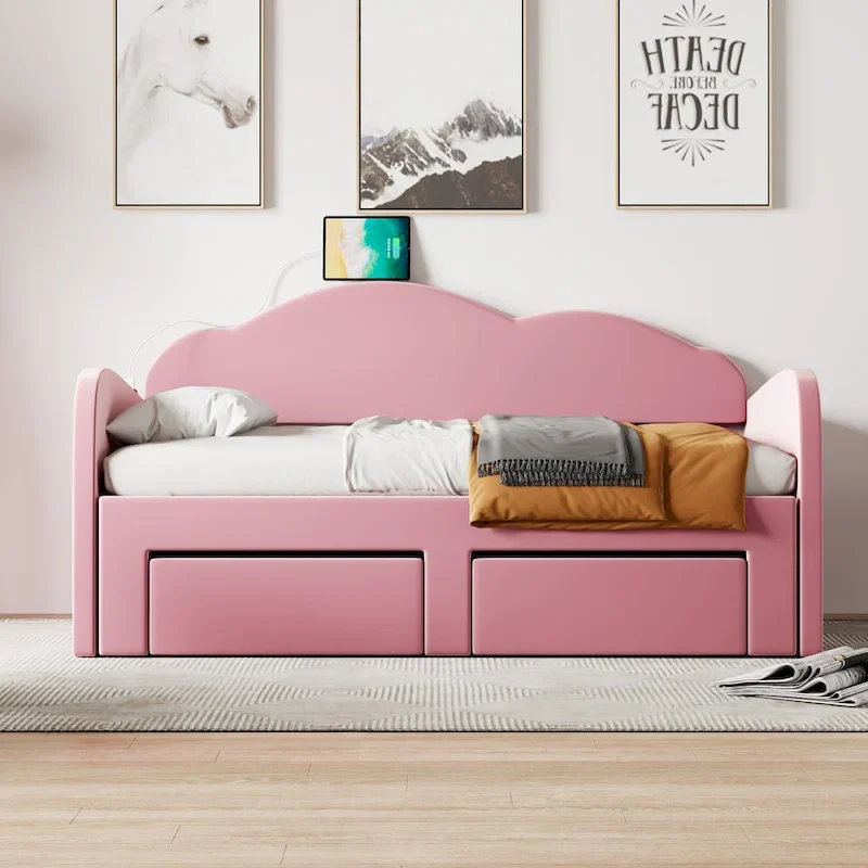 Twin Cloud Velvet Daybed with Trundle, Drawers, and USB