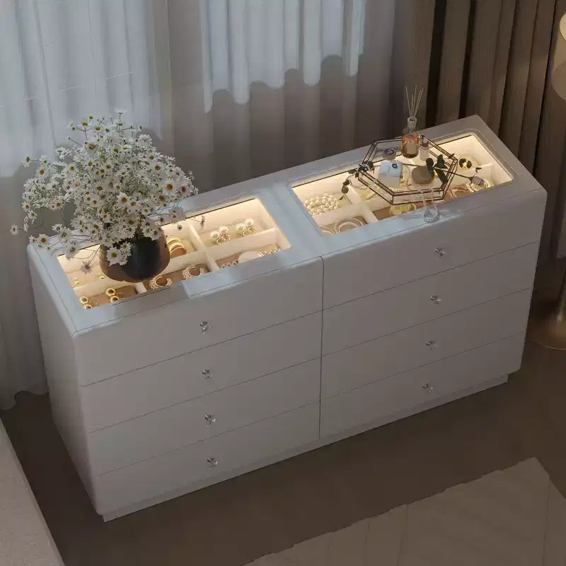 Famapy 8 Drawers Chest Dresser,Tempered Glass Top,2 Display Drawers with 9-Section,3-Color Led,Crystal Knobs,Bedroom/Closet Vanity Storage Cabinet