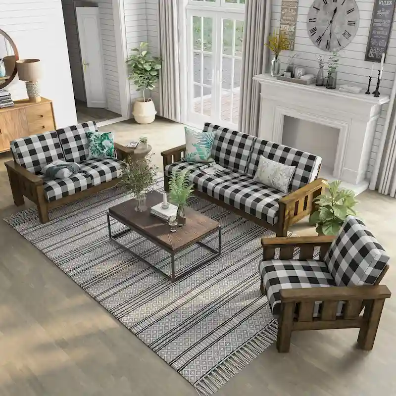 Jimo Rustic Oak and Linen Fabric 3-Piece Sofa Set by