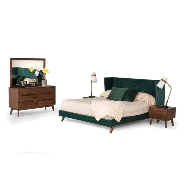 Uddesbo Modern Green Fabric & Walnut Bed