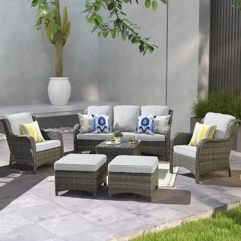 OVIOS 6-piece Patio Conversation Wicker Set with Glass Top Table