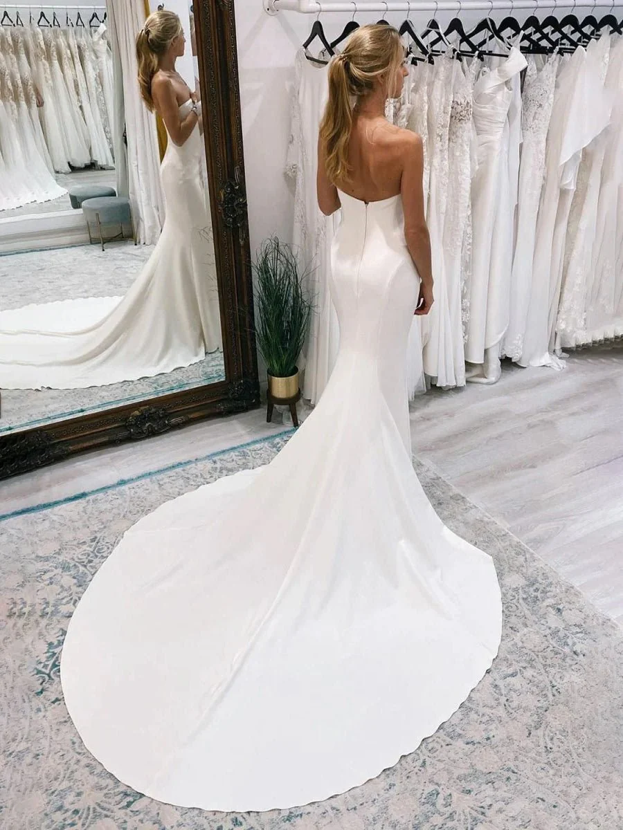 White Simple Sweep Train Boho Long Mermaid Wedding Dress