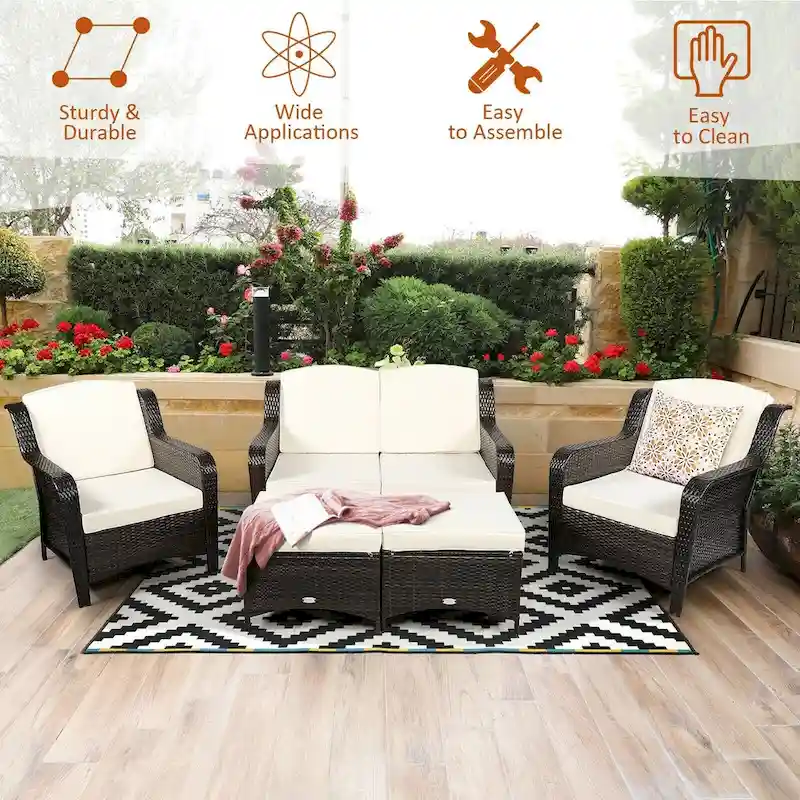 5 Pieces Patio Rattan Sofa Set with Cushion and Ottoman - 51 x 33.5 x 33 (L x W x H)