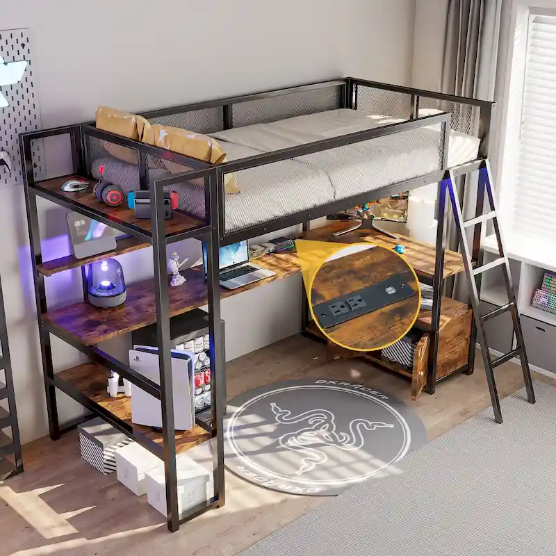 Black / White Twin Metal Loft Bed with Desk, LED & Storage – 1 Person