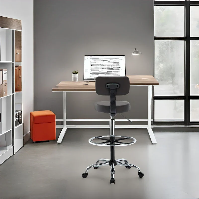 Faux Leather Drafting Stool - Height Adjustable with Backrest