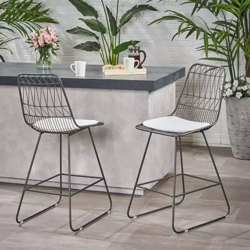 Okak Outdoor Counter Height Bar Stools with Water Resistant Cushions Set of 2, Woven Wire Metal Bar Stools, Modern Accent Chairs