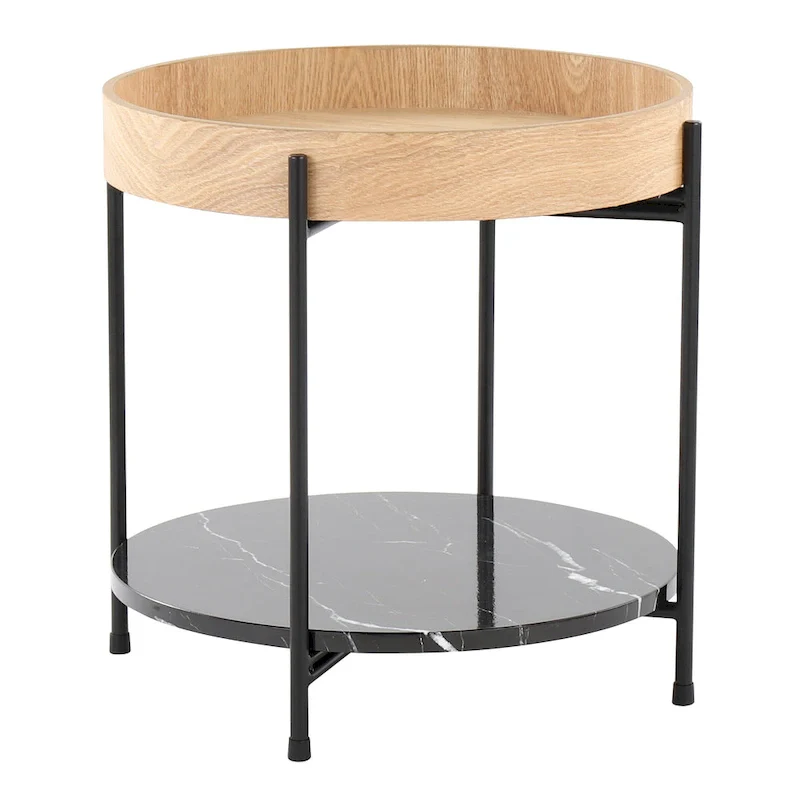 Natural Wood Round End Table with Black Metal Frame and Marble Shelf