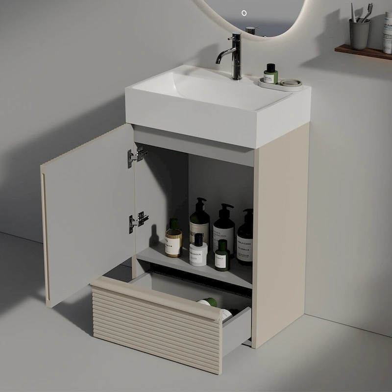 Single Sink Bathroom Vanity, Modern Grille-patterned Freestanding Vanity With Hidden Handle, Wood Bathroom Cabinet
