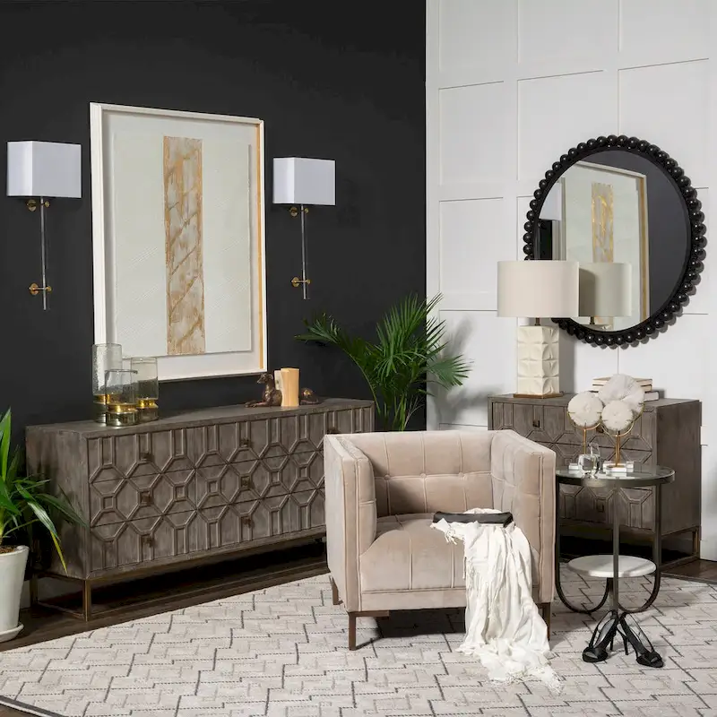 3-Drawer Accent Cabinet with Metal Frame - Geometric Pattern Design (Gray/Light Brown)