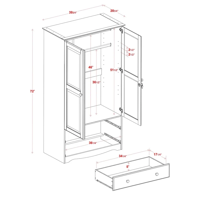 Palace Imports 100% Solid Wood Smart Wardrobe Armoire with 2 Drawers, Metal or Wooden Knobs