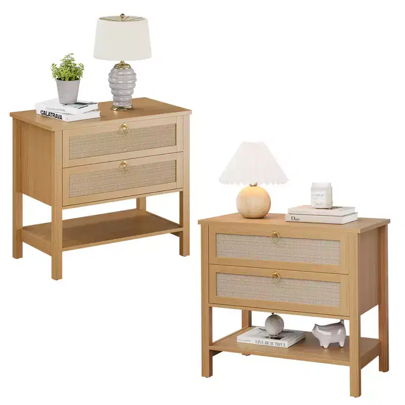 Modern Boho Rattan Nightstands Set of 2 C 2 Drawers, Storage Shelf, Farmhouse Bedside Tables, Wide Design for Bedroom, Contemporary Style