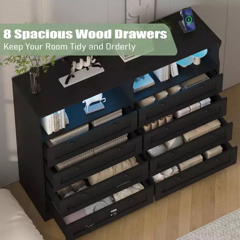 Coolmee Wood Dressers for Bedroom with 8 Drawers, Modern Wooden Dresser with Led Lights and Power Outlet, 55 Wide Drawer Dresser TV Stand