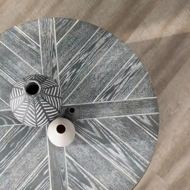 Industrial style round wooden coffee table with shelves