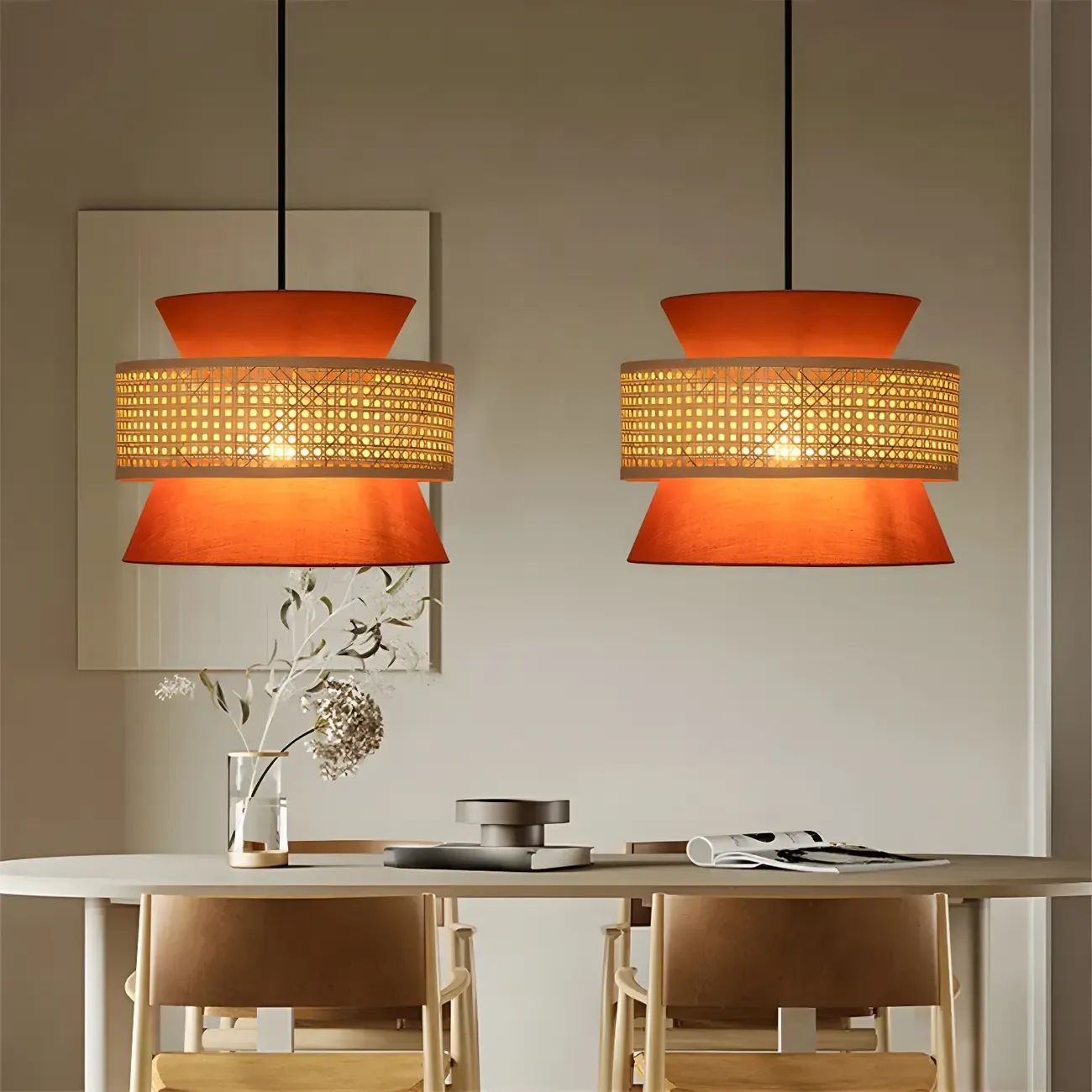 Boho Woven Modern Drum Cylinder Chandelier Adjustable Height