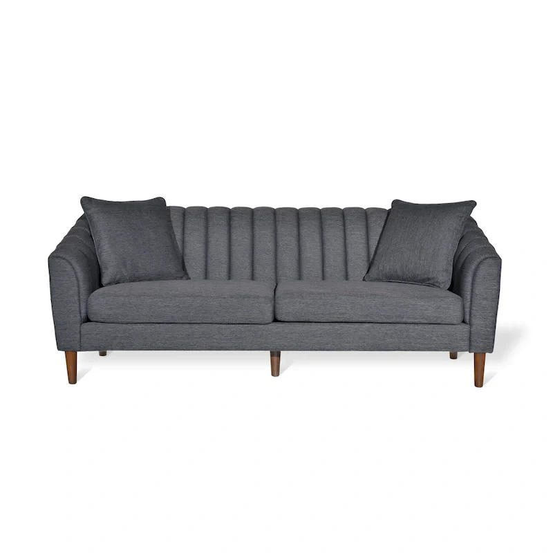Channel-Tufted Sofa with Sloped Arms & Walnut Legs – Blush / Beige / Cloud Gray / Charcoal / Navy Blue, Mid-Century Modern, Seats 3