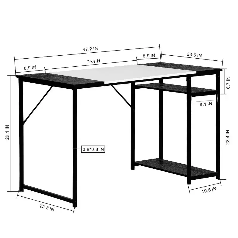 FurnitureR 47.2 Study Writing Desk with Storage Shelves, Computer Desk with Metal Frame, Space-Saving Workstation Table for Home Office, Black/White