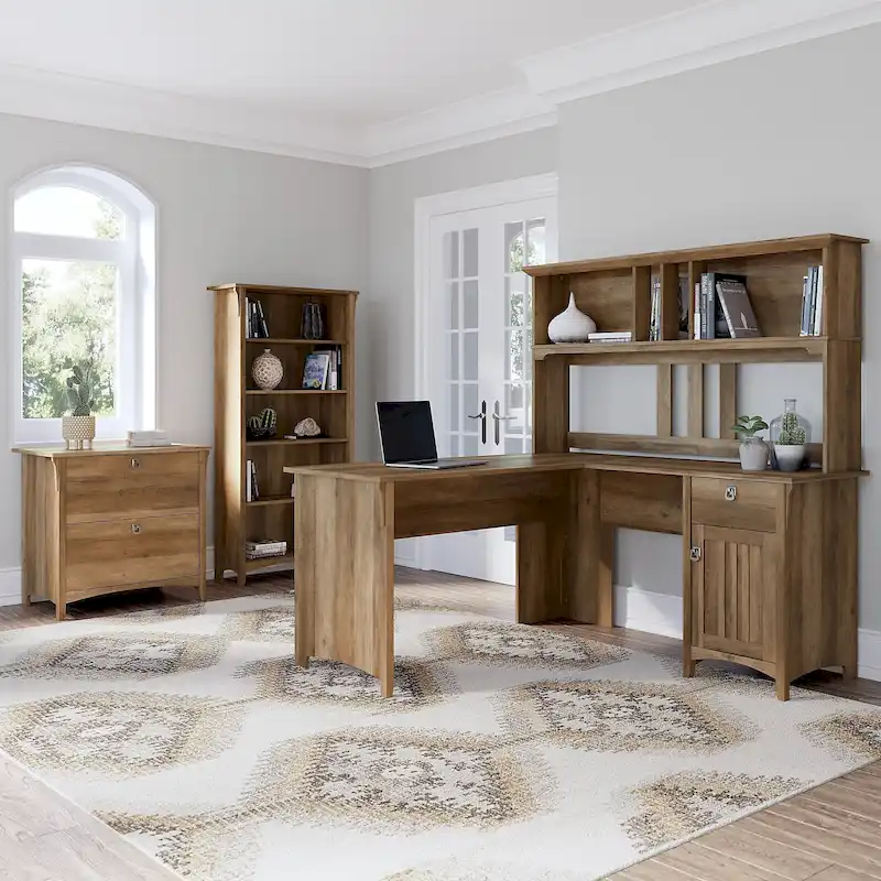 Salinas 60W L Desk with Hutch, Cabinet and Bookcase by Bush Furniture