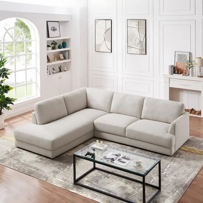 Mid-Century Modern Linen Sectional Sofa with Pillow Back - Cozy Deep Seating Living Room Furniture