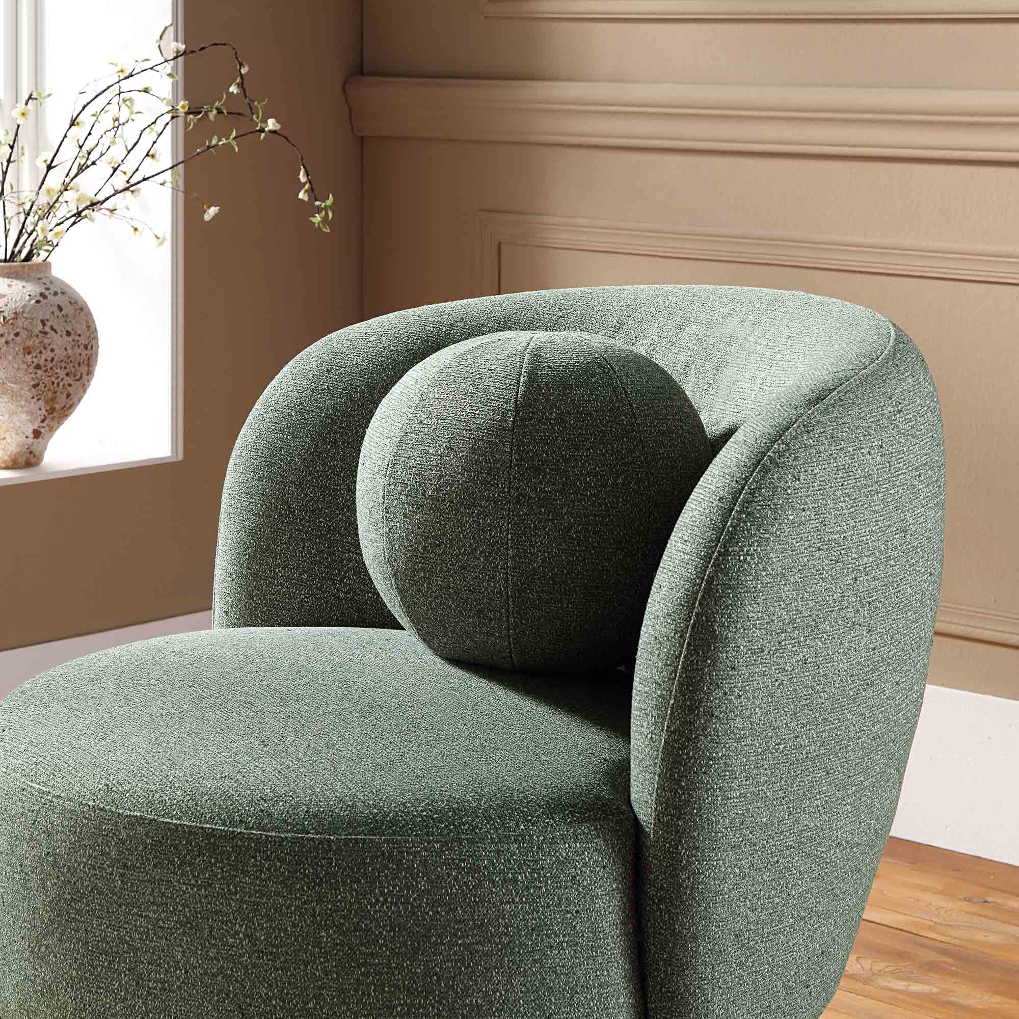 Armchair with Ball Cushion, Spruce Green Textured Fabric