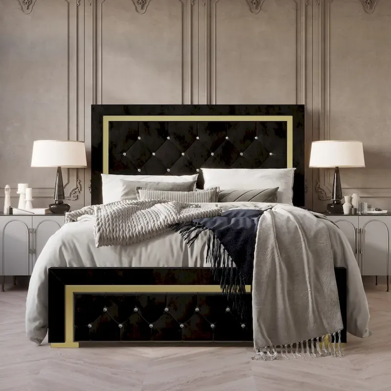 Upholstered Panel Bed with Tufted Headboard