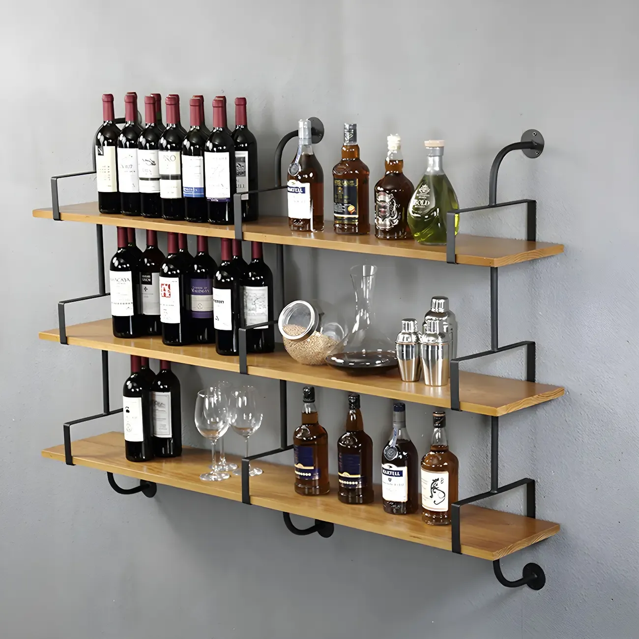 Simple 2-Tier Wood Metal Wall-Mounted Bookcase
