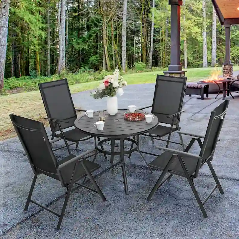 5-Piece Patio Dining Set, Round Metal Steel Dining Table with 1.57umbrella hole and 4 Adjustable Folding Chairs