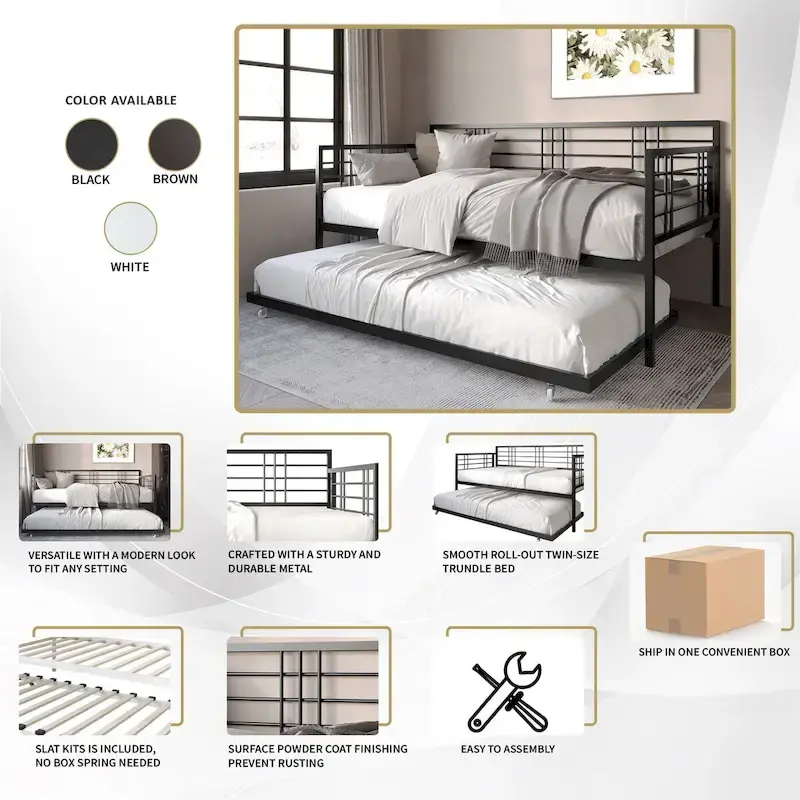 White/Brown/Black Metal Twin Daybed with Roll-Out Trundle, 1-Person