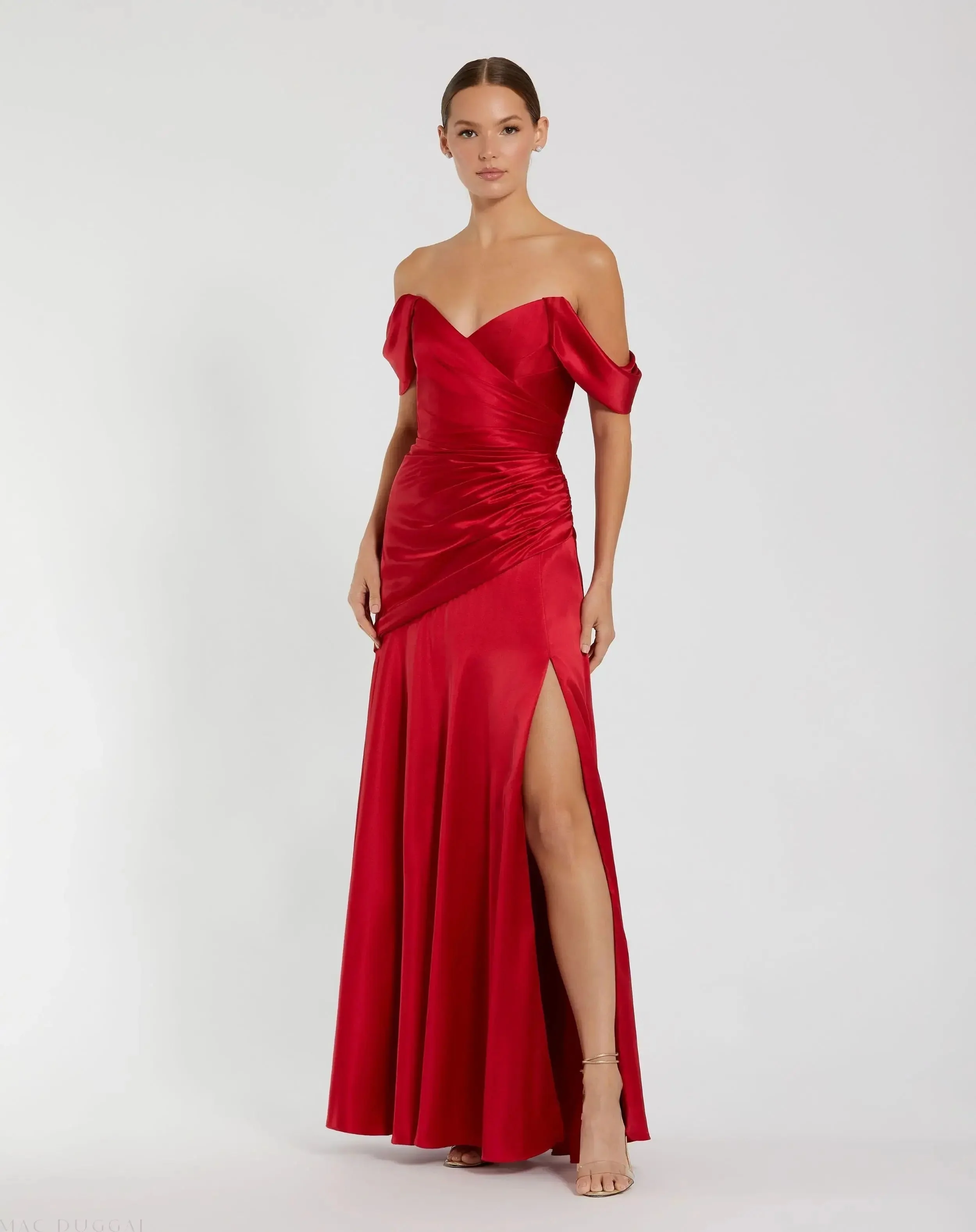 Satin Off The Shoulder Crossover Gown