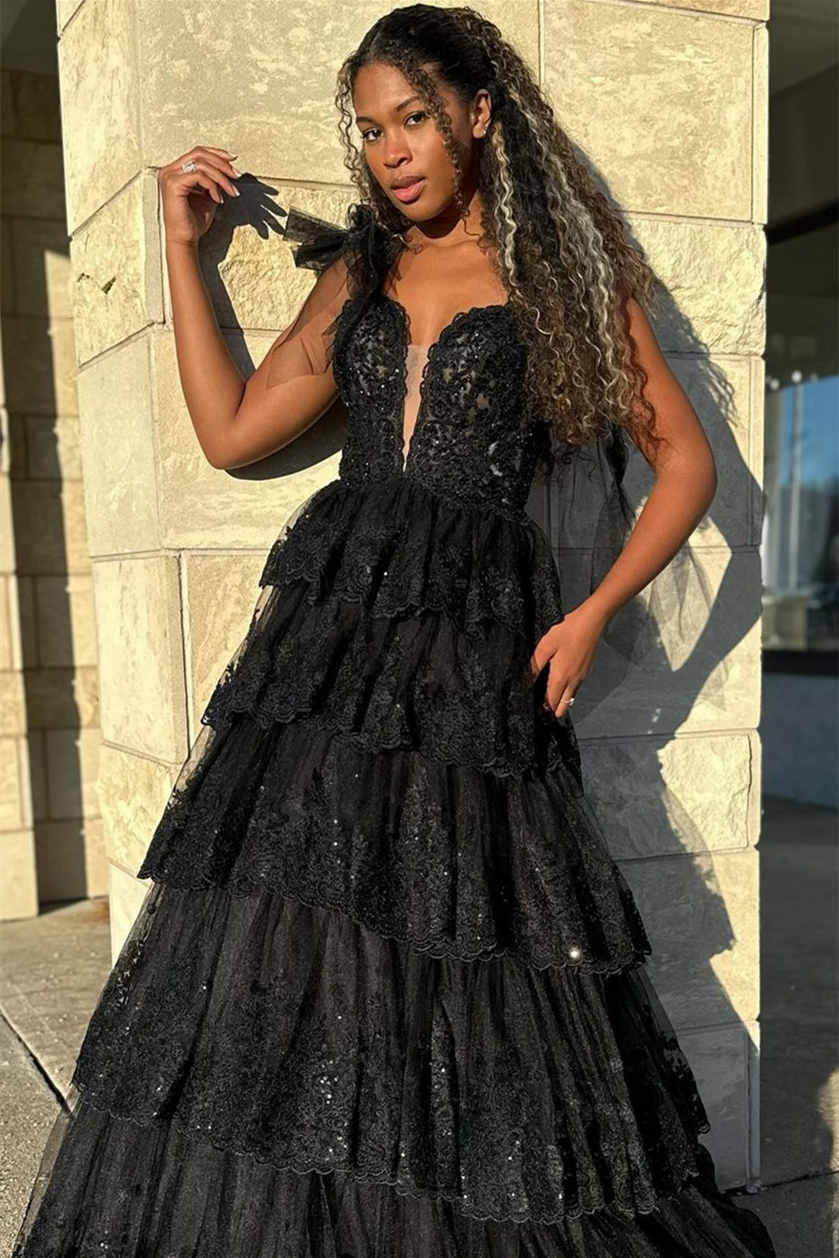 Light Blue Tulle Appliques Tying Strap Ruffle Tiered Long Prom Dress