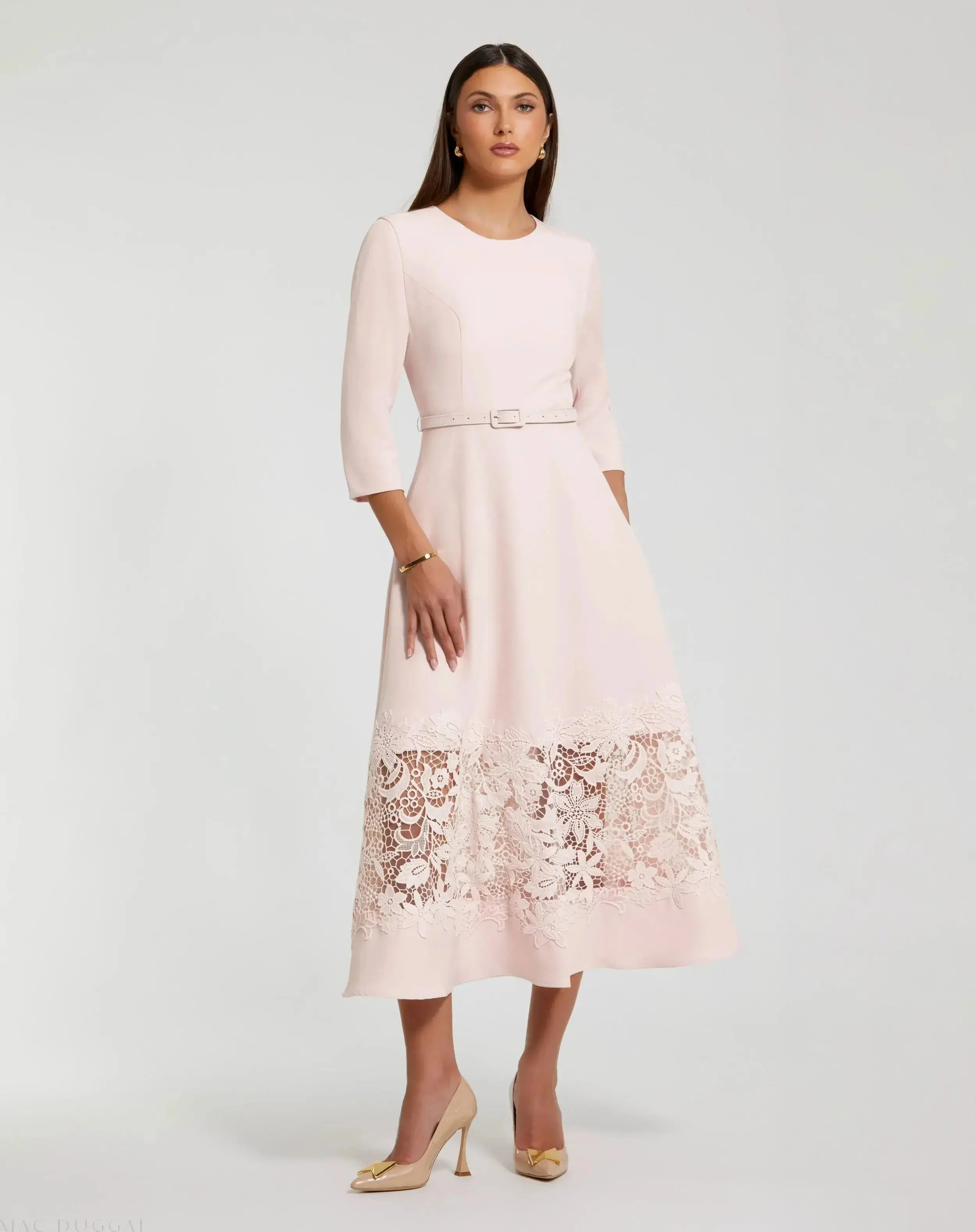 Pink Crepe Boat Neck Midi Dress With Applique Cut Out