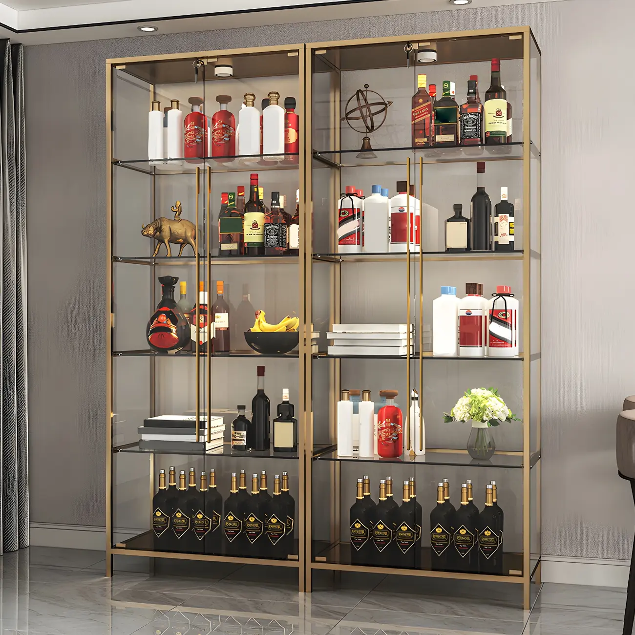 Modern Gold Glass Shelf Display Standard Curio Cabinet