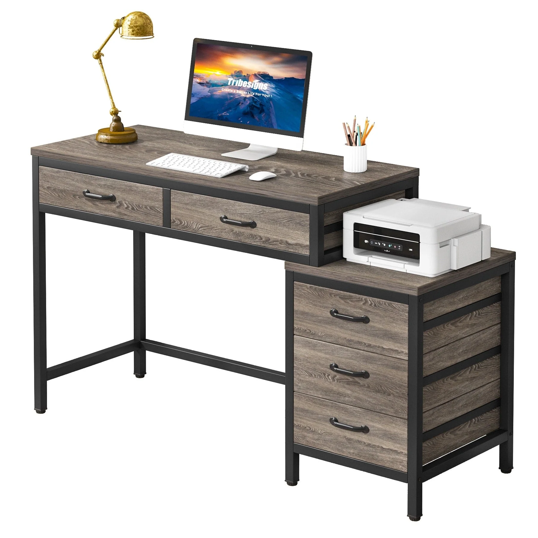 Reversible Computer Desk with 5 Drawers, Home Office Desk with File Cabinet Drawer Printer Stand