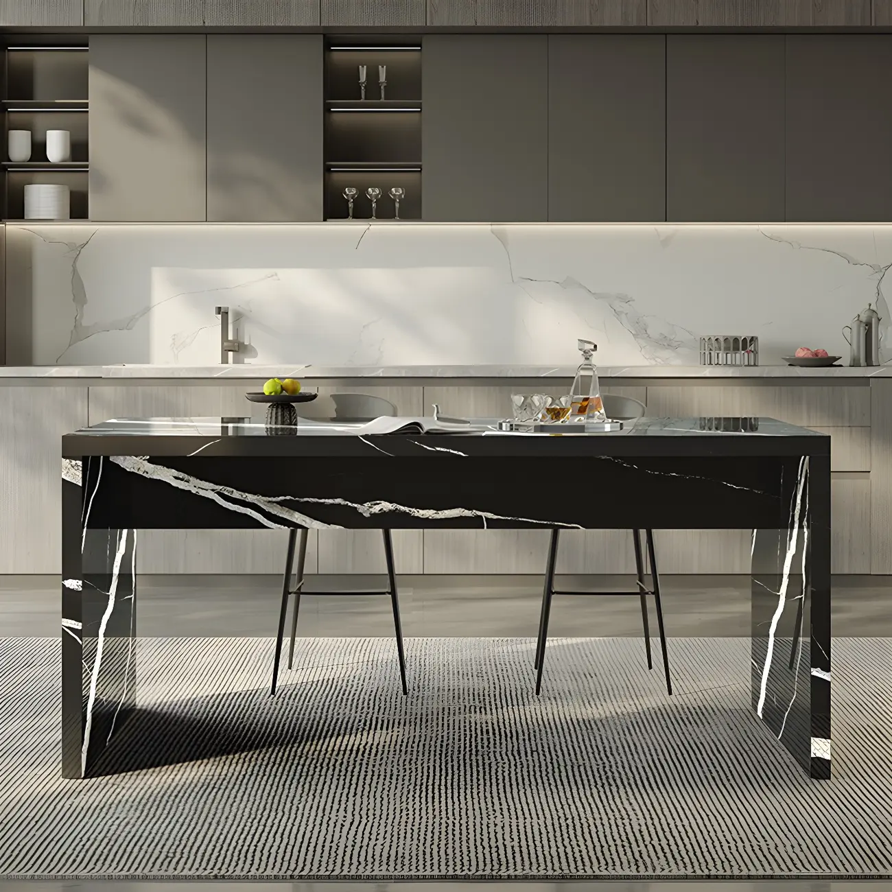 Elegant Black Marble Double Pedestal Bar Table