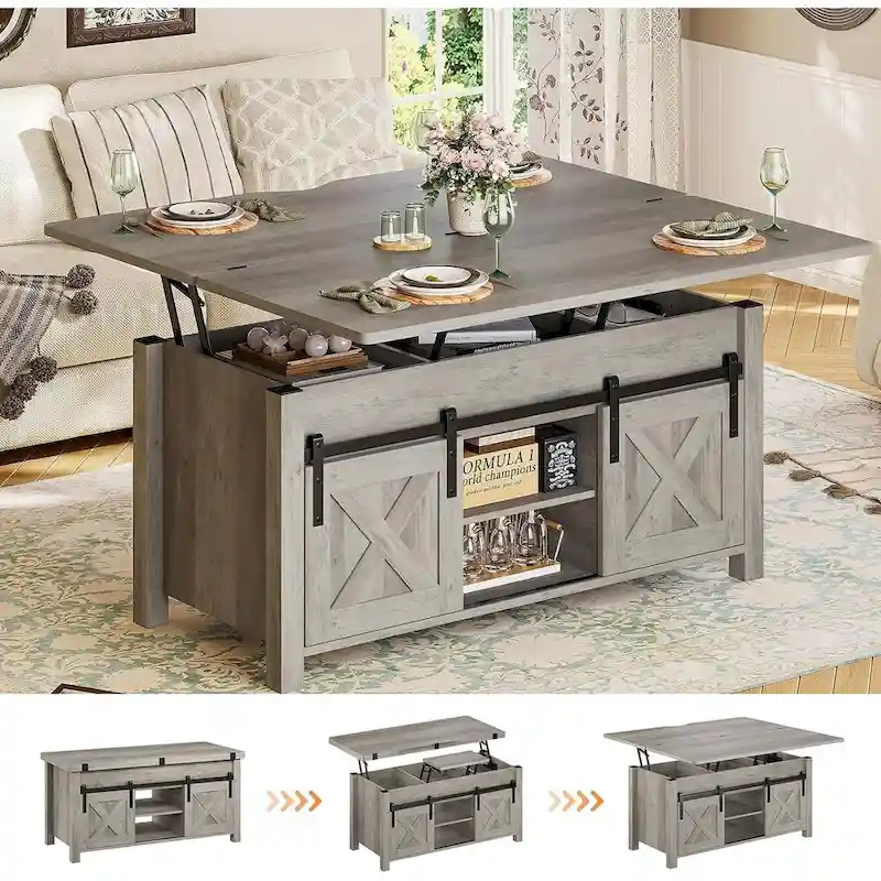 Brown/Grey/Antique White Farmhouse Lift-Top Coffee Table with Storage, Seats up to 8
