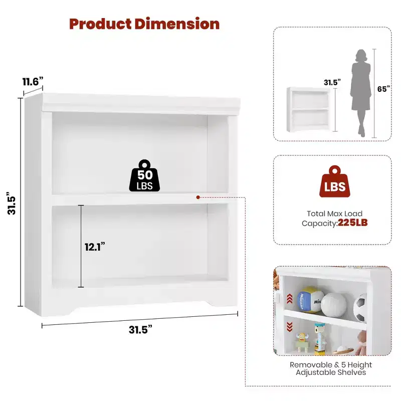 2/3 Tier Bookshelf, Farmhouse Bookcase with Adjustable Shelves, Open Display Storage Rack & Anti-Slip Design for Home Office, Library & Living Room