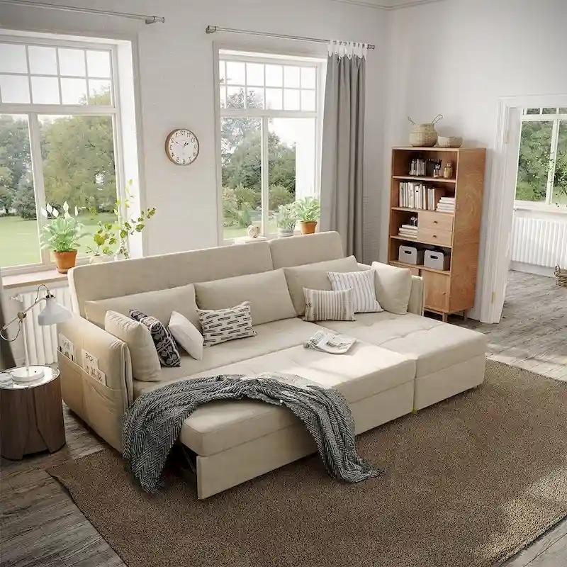 L-Shape Sofa Bed with Scratch-Resistant Fabric and Solid Wood Frame