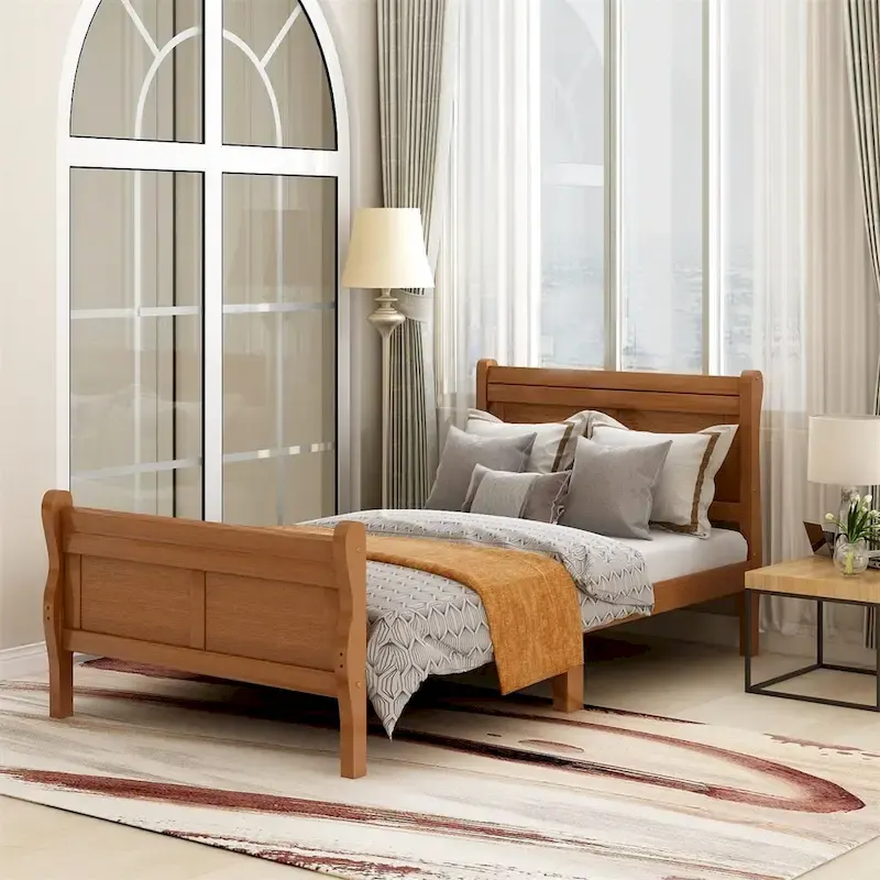 Wood Twin Sleigh Bed with Headboard and Footboard